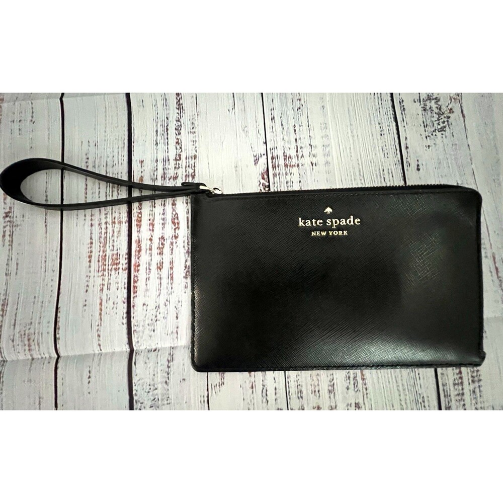 Kate Spade New York Black Wristlet Zip Clutch Pouch, Gold Hardware, Logo